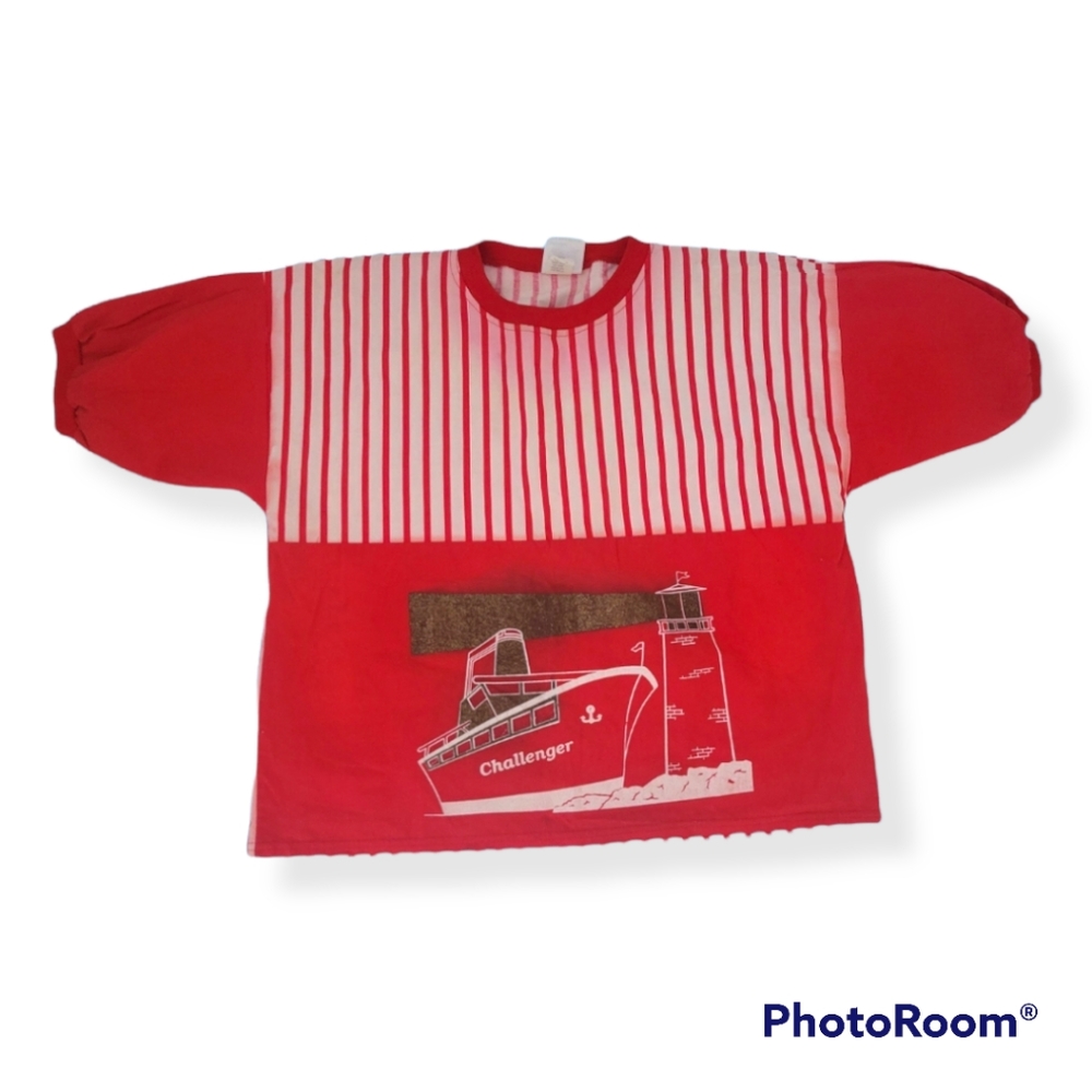 Vintage red cotton stripy boxy T-shirt blouse with short balloon puff sleeve XS